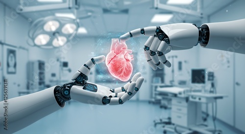 Future of medicine: Robotic arms holding digital human heart in high-tech operating room. AI-assisted surgery, cardiology innovation, medical technology advancement concept