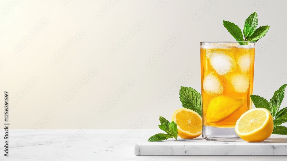 Fototapeta premium Refreshing Lemon Mint Iced Tea with Ice Cubes and Fresh Mint Leaves