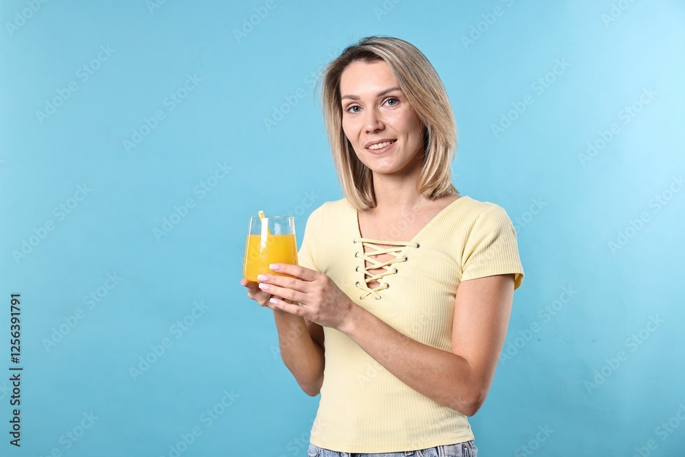 Woman with glass of orange juice on light blue background, space for text. Refreshing drink Woman with glass of orange juice on light blue background, space for text. Refreshing drink