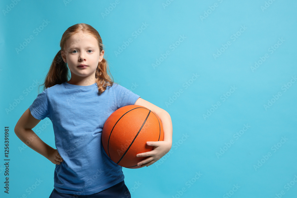 Little girl with basketball ball on light blue background, space for text Little girl with basketball ball on light blue background, space for text