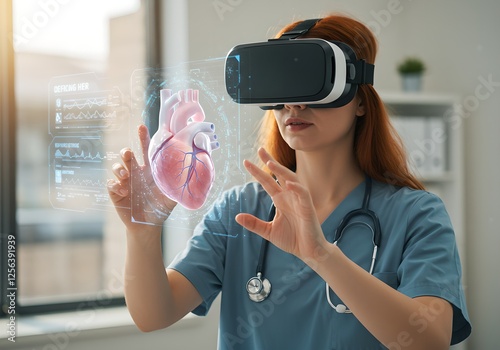 Woman doctor using virtual reality headset to examine 3D heart model. Future of medical education and training in cardiology. Innovative healthcare technology.