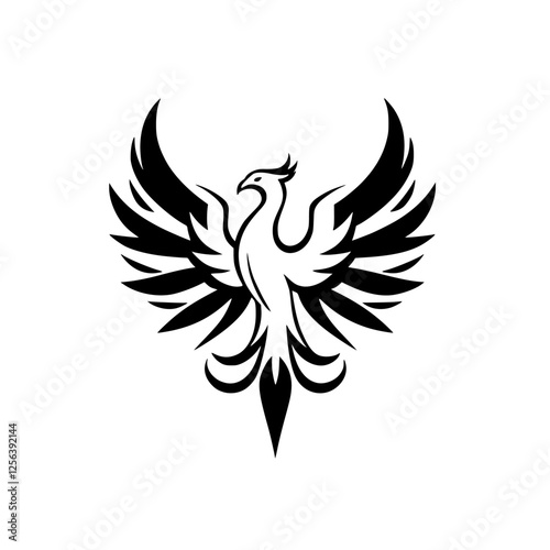 Black and White Phoenix: A minimalist illustration of a soaring phoenix with open wings.