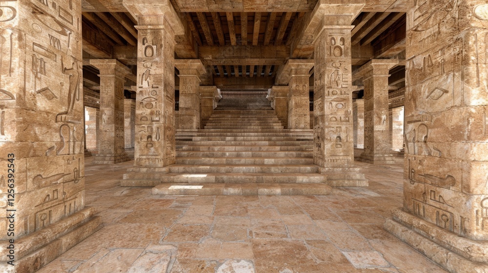 Fototapeta premium Ancient temple interior with hieroglyph-covered columns and a grand staircase leading to an unseen chamber.