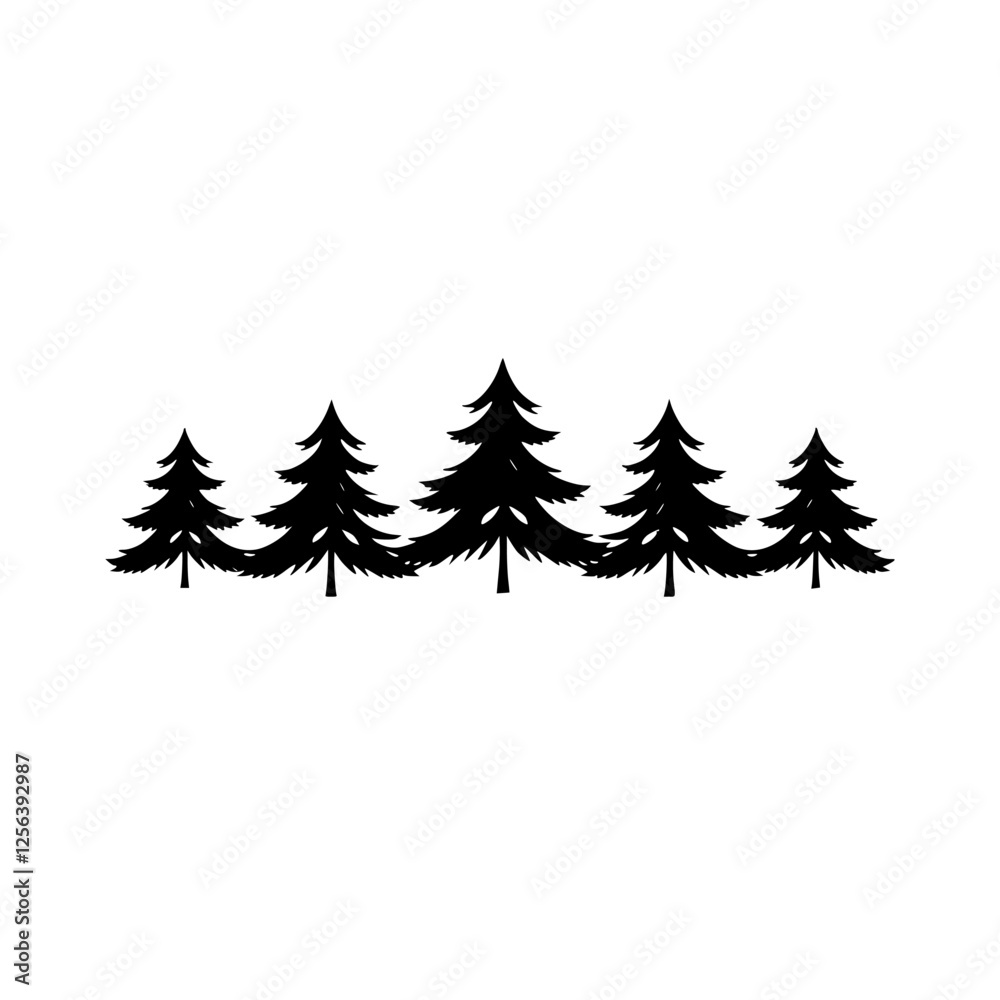 Obraz premium Silhouette of a forest of pine tree silhouettes on a white background.