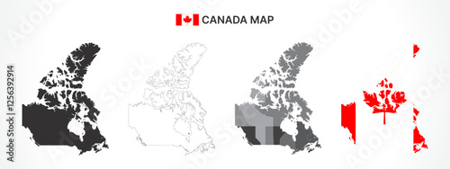 Detailed Canada Map Collection with Outline, Silhouette, Provinces, Territories, and Flag Overlay Variations