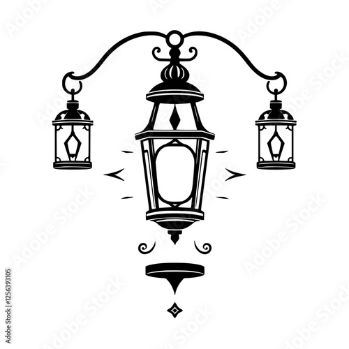 Silhouette of ornate lanterns on a curved bar, illuminating light.