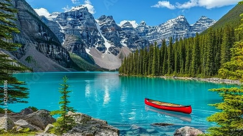 Fototapeta Naklejka Na Ścianę i Meble -  Breathtaking moraine lake view  red canoe on turquoise water surrounded by snow capped peaks
