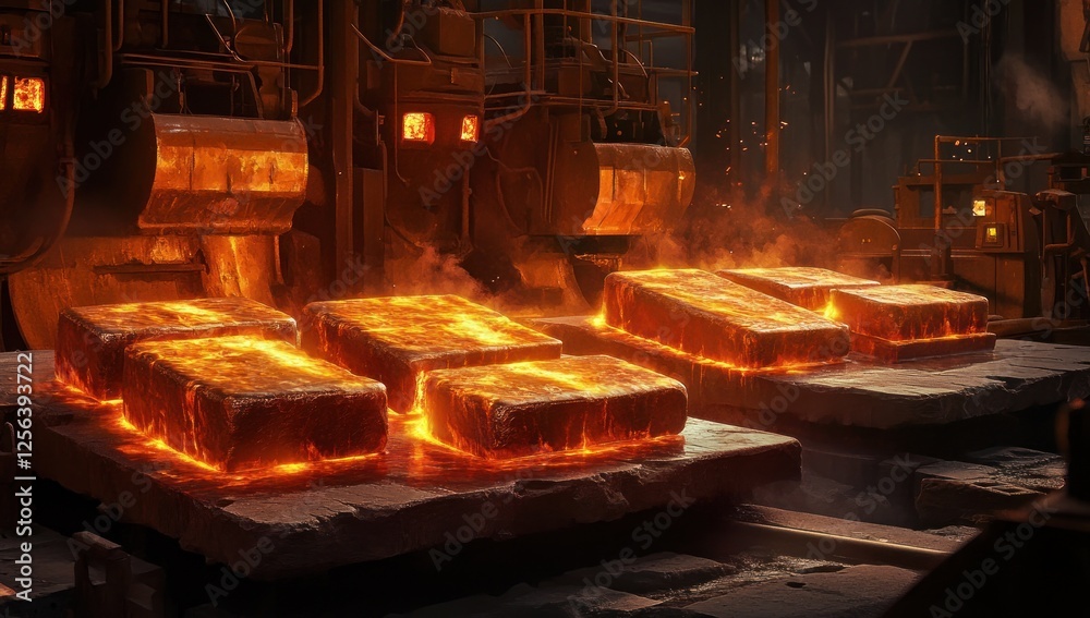 Molten Metal Ingots Glowing in Steel Mill Molten Metal Ingots Glowing in Steel Mill