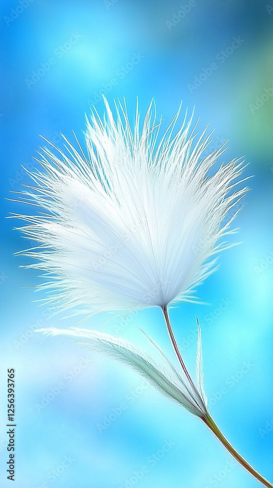 Obraz premium A delicate white feather with fine strands floats against a dreamy blue sky, symbolizing purity, lightness, and serenity.