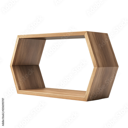 Modern Hexagonal Wooden Shelf Design with Transparent Background photo