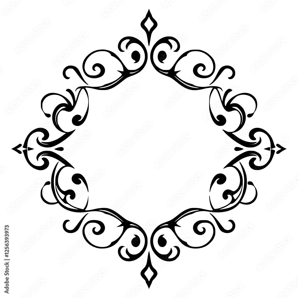 Elegant Black and White Vector Frame with Diamond Details, Scrollwork, and Flourishes on a White Background. Elegant Black and White Vector Frame with Diamond Details, Scrollwork, and Flourishes on a White Background.