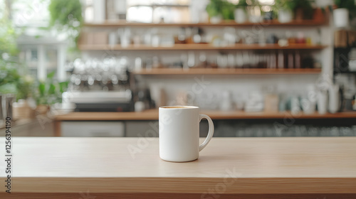 Wallpaper Mural Coffee break at the cafe. A mug sits atop a light-colored wooden counter with a blurred background of shelves and an espresso machine. Torontodigital.ca