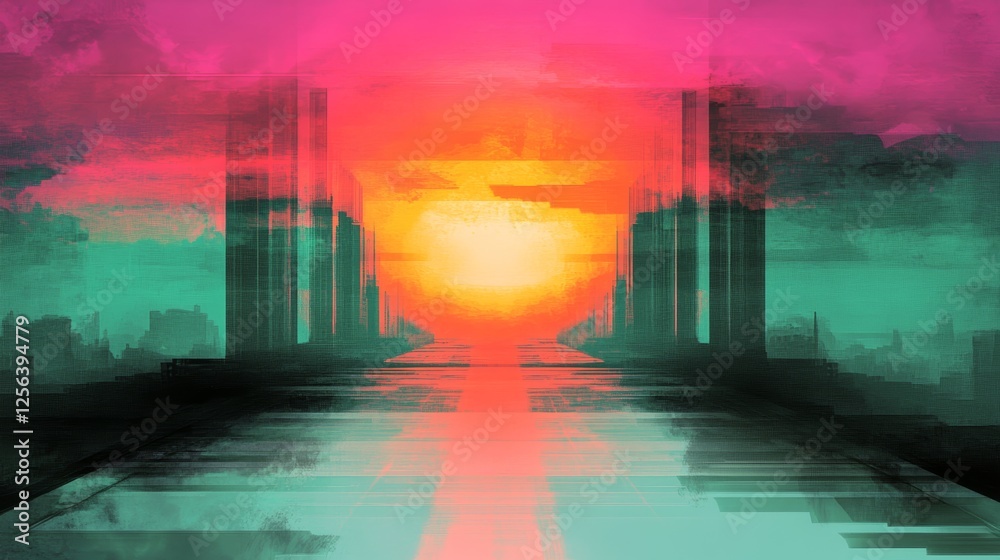 Obraz premium Vibrant sunset over a futuristic city skyline. A digital painting with bold colors and a surreal atmosphere.