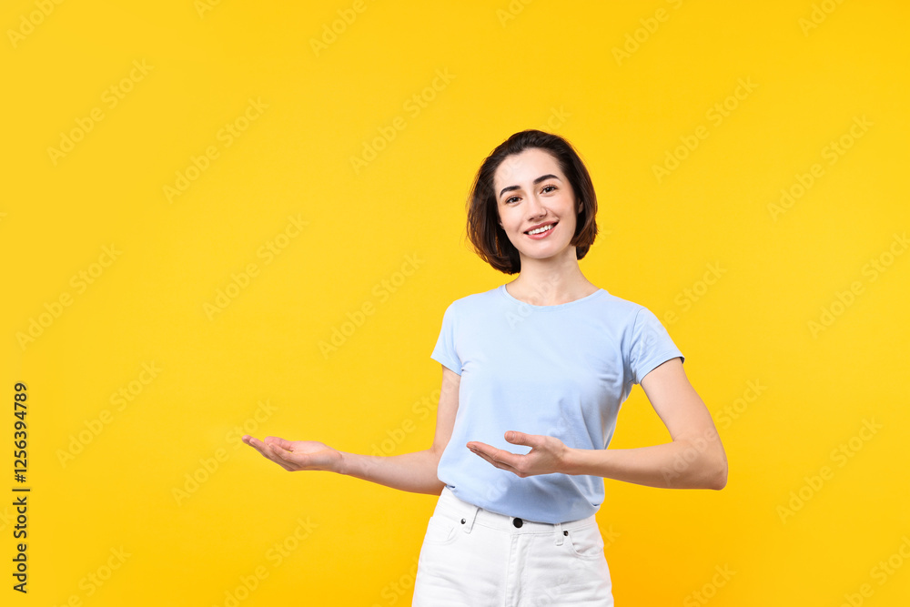 Cheerful woman welcoming friends or guests on yellow background Cheerful woman welcoming friends or guests on yellow background