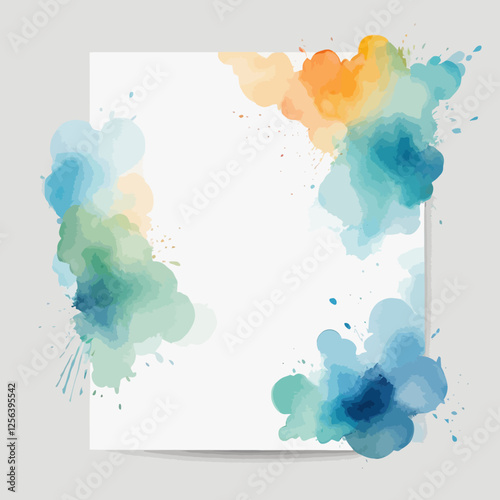 Square frame with colorful watercolor splash stains and brush strokes on a white background. Space for text in the middle. Trendy, isolated watercolor design for cards.