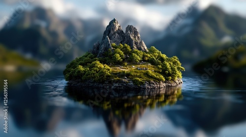 Wallpaper Mural A picturesque isolated island, adorned with greenery, reflects stunning rocky mountains in the calm waters, evoking a sense of peace and the beauty of untouched nature. Torontodigital.ca