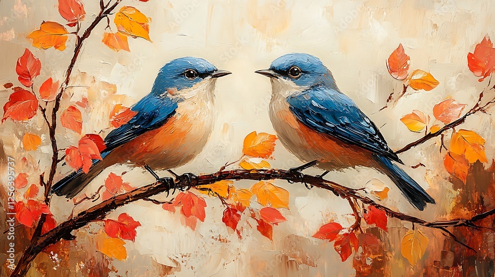 Obraz premium Painting of two birds, sitting on a branch with red and yellow leaves.
