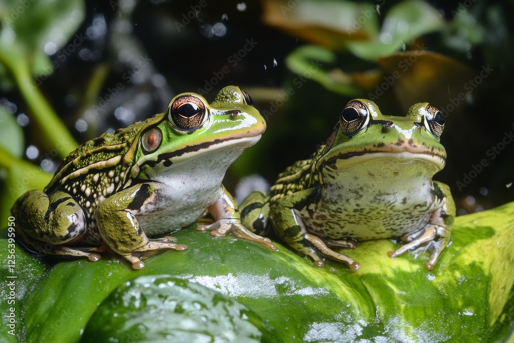 Obraz premium Two frogs resting on a green lily pad in a serene water environment during daylight