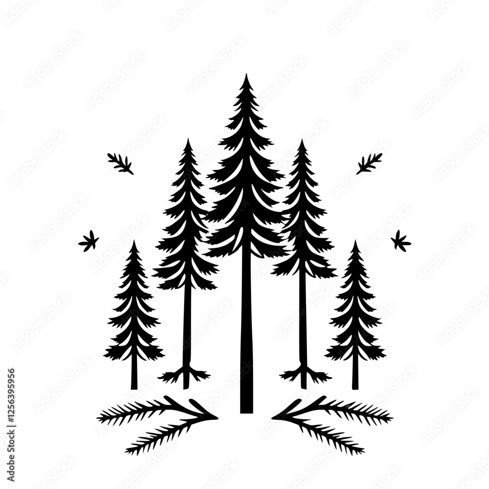 Obraz premium Forest Silhouette: A minimalist representation of five black pine trees and scattered leaves on a white background.