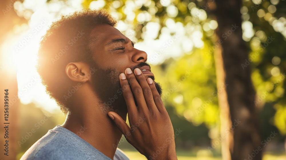 African American man coughing outdoors, suffering from flu or allergies African American man coughing outdoors, suffering from flu or allergies