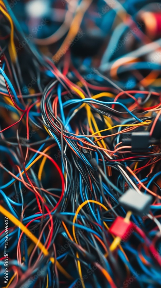 Colorful tangled wires create a chaotic yet vibrant display in a technical workspace Colorful tangled wires create a chaotic yet vibrant display in a technical workspace