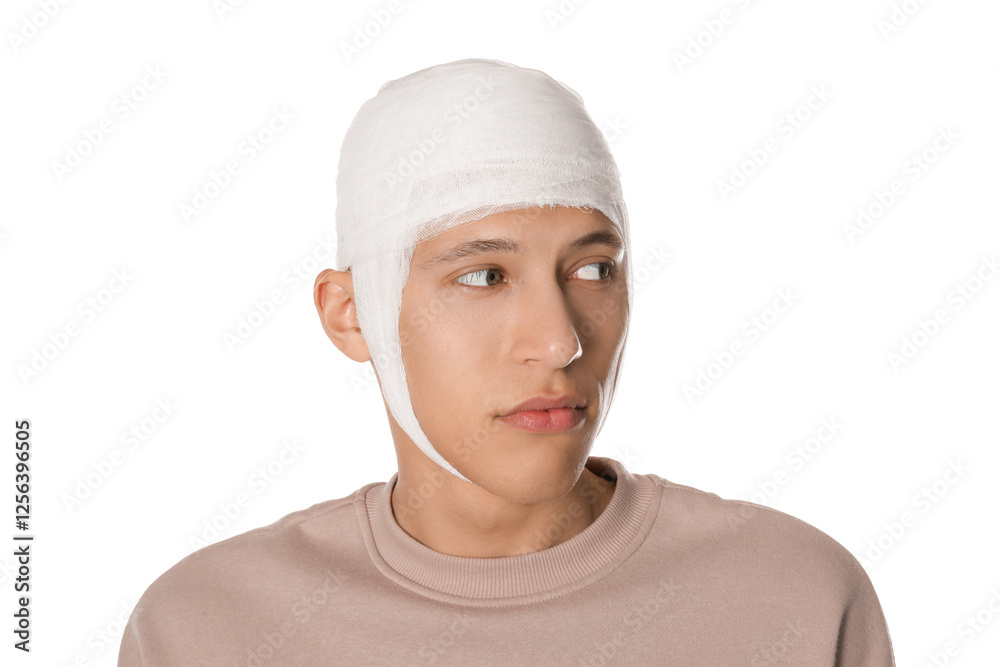 Man with head wrapped in medical bandage on white background Man with head wrapped in medical bandage on white background