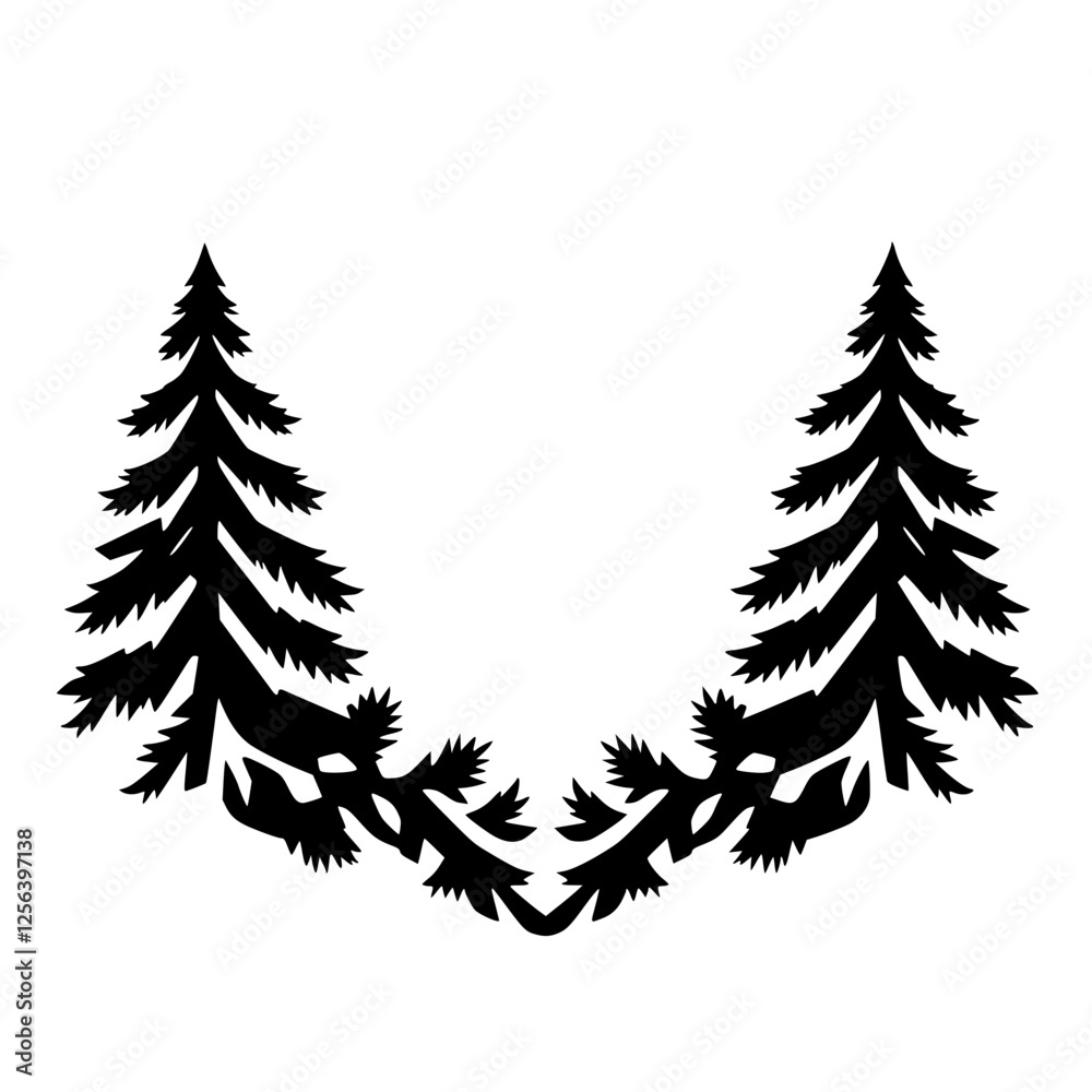 Obraz premium Silhouette of Pine Trees Forming a Symmetrical Arch with a Central Design on White.