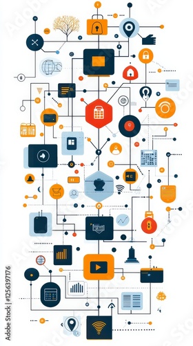 Wallpaper Mural A collection of connected icons and interface elements displayed in an organized layout, symbolizing digital interaction, technology, and user engagement in a sleek design. Torontodigital.ca