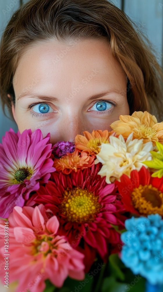 Portrait of a young woman with striking blue eyes surrounded by colorful flowers in a close-up view Portrait of a young woman with striking blue eyes surrounded by colorful flowers in a close-up view