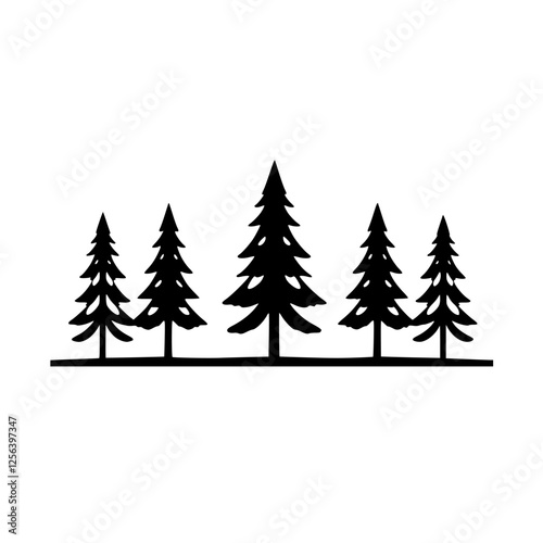 Forest silhouette with silhouetted pine trees set against a white background.