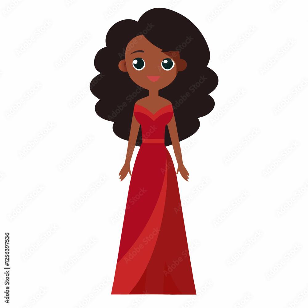 cartoon African American woman with dark hair.
Dark skinned doll in a red evening dress. Isolated on white background. Front view. Vector illustration. cartoon African American woman with dark hair.
Dark skinned doll in a red evening dress. Isolated on white background. Front view. Vector illustration.
