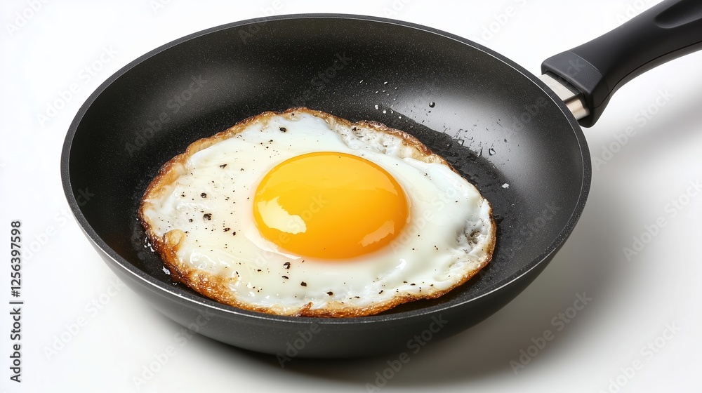 A perfectly fried egg with a sunny-side-up yolk in a non-stick frying pan, isolated on a pure white background A perfectly fried egg with a sunny-side-up yolk in a non-stick frying pan, isolated on a pure white background