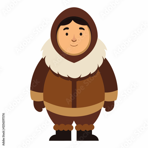 cartoon eskimo man in traditional in clothes .Isolated on white background. Front view. Vector illustration. 