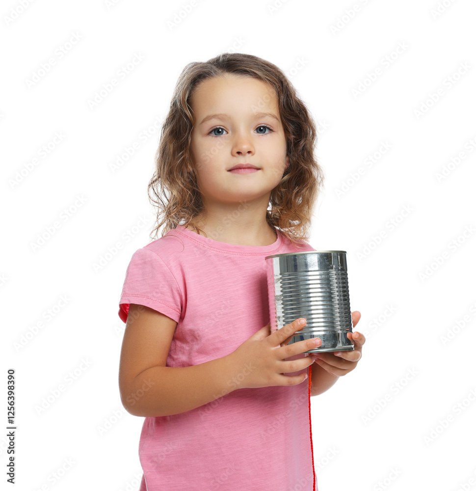 Girl using tin can telephone on white background Girl using tin can telephone on white background