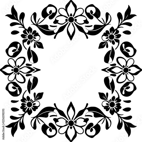 Black floral frame, featuring a symmetrical, minimalist floral design with intricate details, centered on white background.