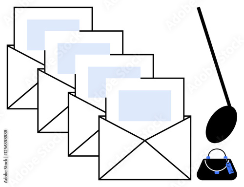Multiple open envelopes with letters inside, accompanied by a purse and a magnifying glass. Ideal for coordination, organization, communication, delivery services, investigation, correspondence