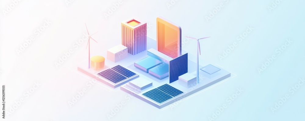 Fototapeta premium Futuristic sustainable city with solar panels and wind turbines in isometric design
