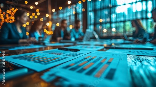 A blurred view of a team focused on data-driven discussions around a wooden table, layered with documents and analytics, emphasizes the importance of teamwork in decision making.