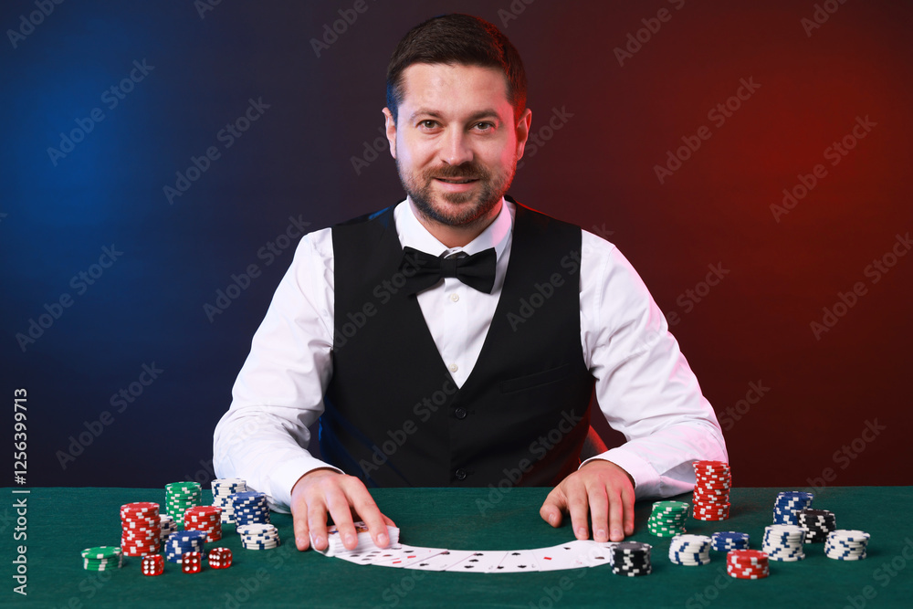 Professional croupier with playing cards at gambling table against color background Professional croupier with playing cards at gambling table against color background