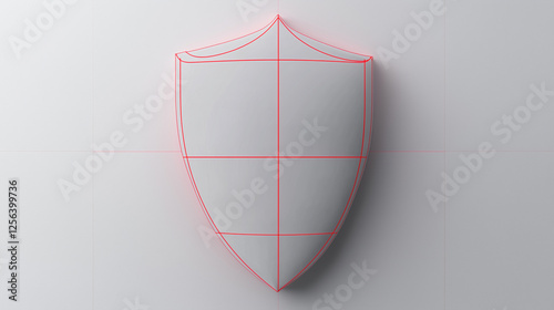 Futuristic 3D abstract metallic shield with glowing red grid lines on a light grey background symbolizing cybersecurity, digital protection, internet safety, network defense, and online security photo