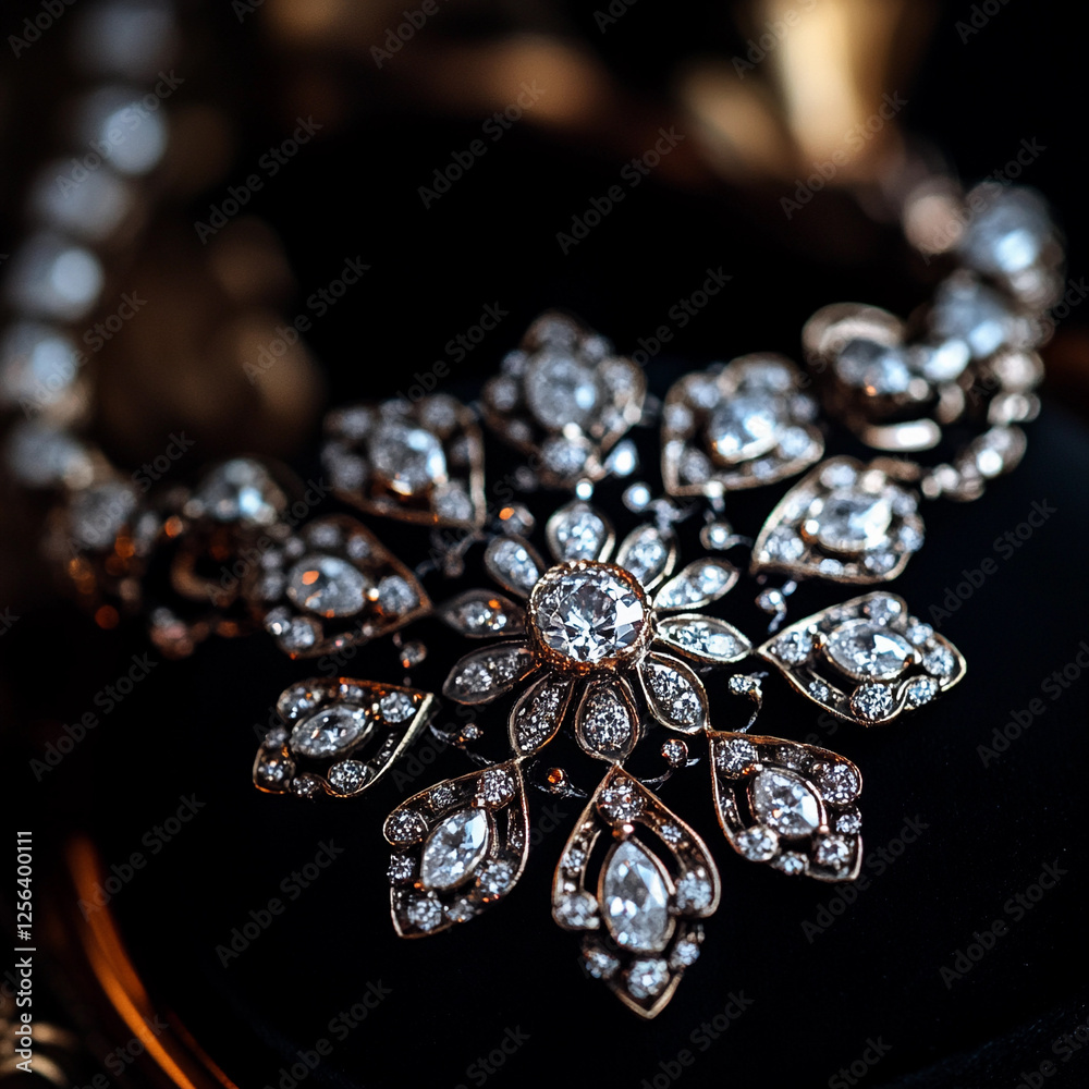 Intricate floral necklace design with sparkling gemstones displayed elegantly Intricate floral necklace design with sparkling gemstones displayed elegantly
