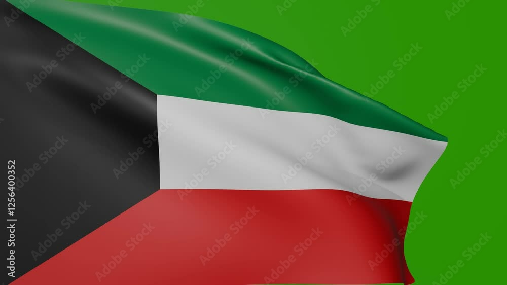 Kuwait flag waving in the loop on the wind on green screen. Kuwait flag animation.
