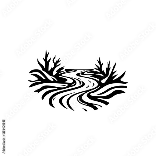 Flowing River and Trees: A black and white graphic representation of the river, depicting a black and white illustration of a river with trees on either side, set against a white background.