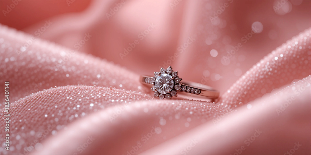 Obraz premium luxury finished exclusive jewellery, a gold wedding ring with gem embedded, on a soft silky pink cloth background 