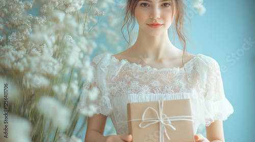 Bride in an elegant white lace gown holding a simple wrapped gift surrounded by delicate white flowers symbolizing romance, wedding traditions, beauty, purity, and love-filled special moments photo