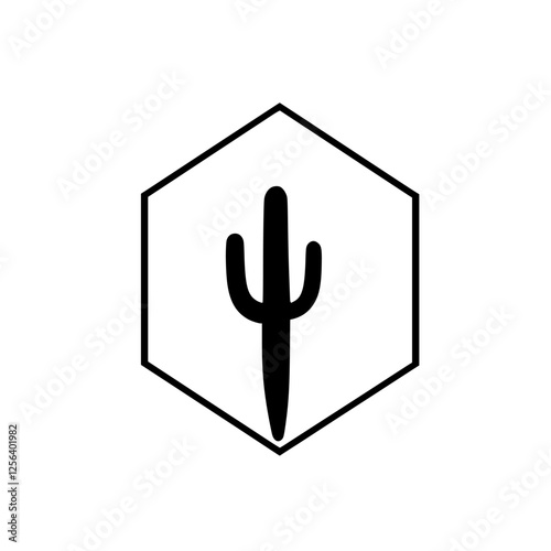 Black Cactus in Hexagon. A minimalist depiction of a cactus enclosed within a hexagon.