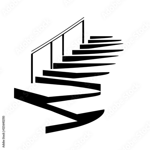 Black and white drawing of spiral stairs with handrail on a white background