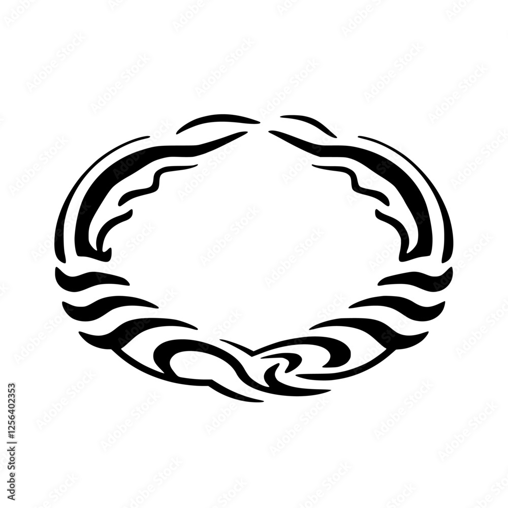 Black oval wreath made of interconnected waves and curves on white background Black oval wreath made of interconnected waves and curves on white background