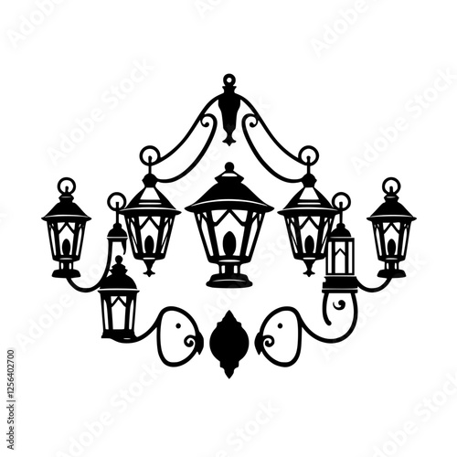 Ornate chandelier silhouette lamp with multiple black lanterns.