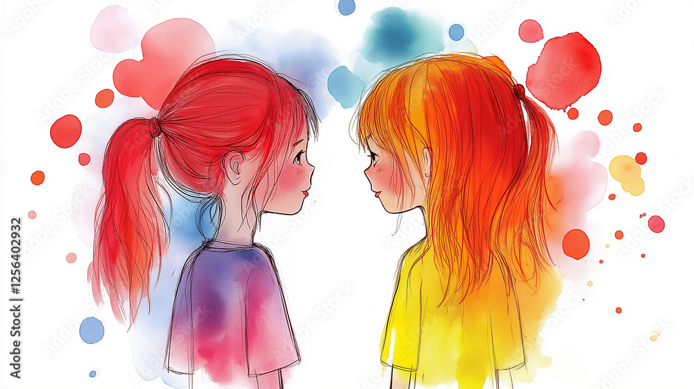 Hand-drawn watercolor illustration of two young girls facing each other with colorful abstract background, symbolizing childhood, friendship, connection, innocence, artistic expression, and emotions Hand-drawn watercolor illustration of two young girls facing each other with colorful abstract background, symbolizing childhood, friendship, connection, innocence, artistic expression, and emotions